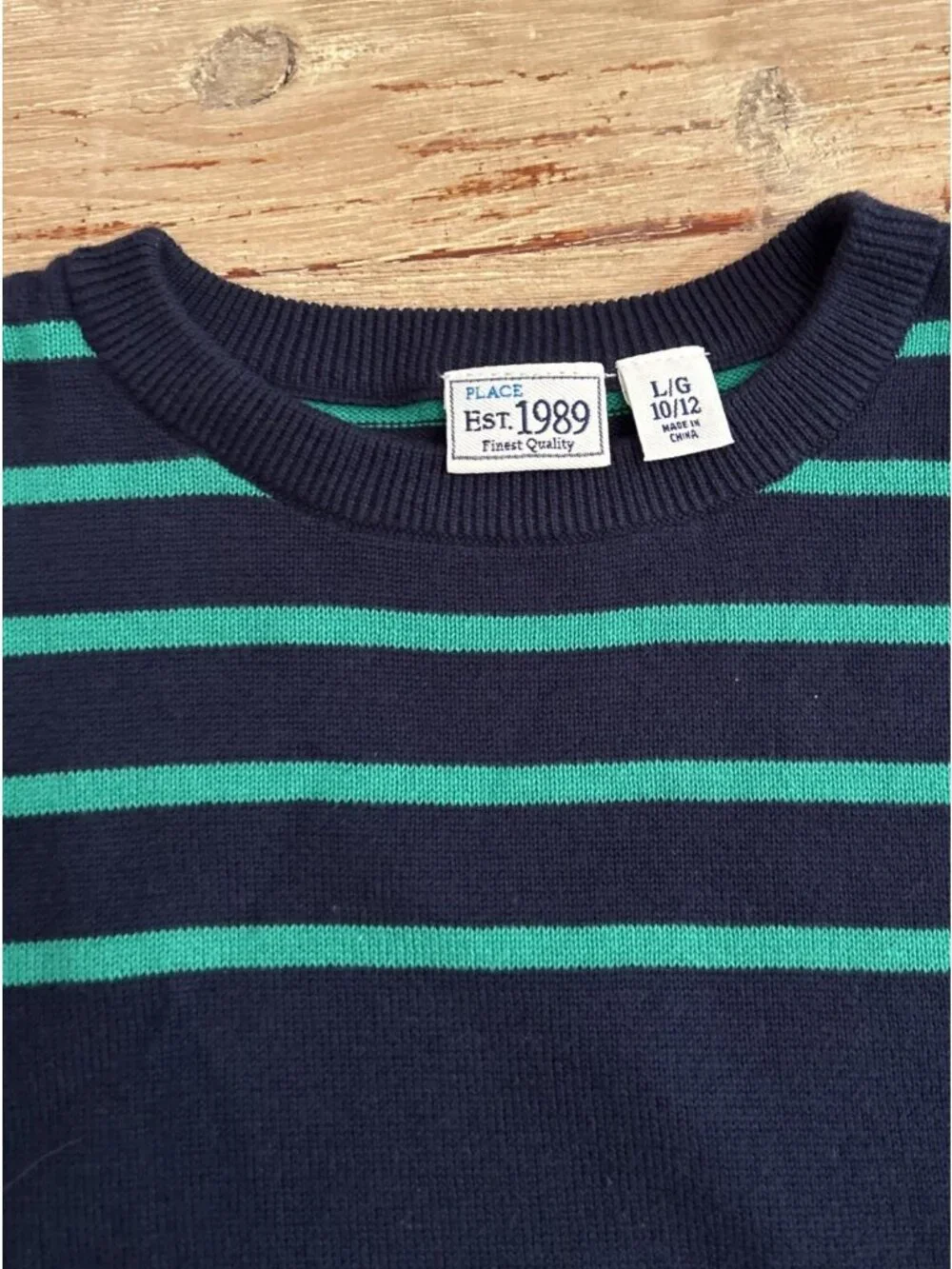 The Children's Place Sweater L 10/12 Navy Blue Green Striped Long Sleeve NEW